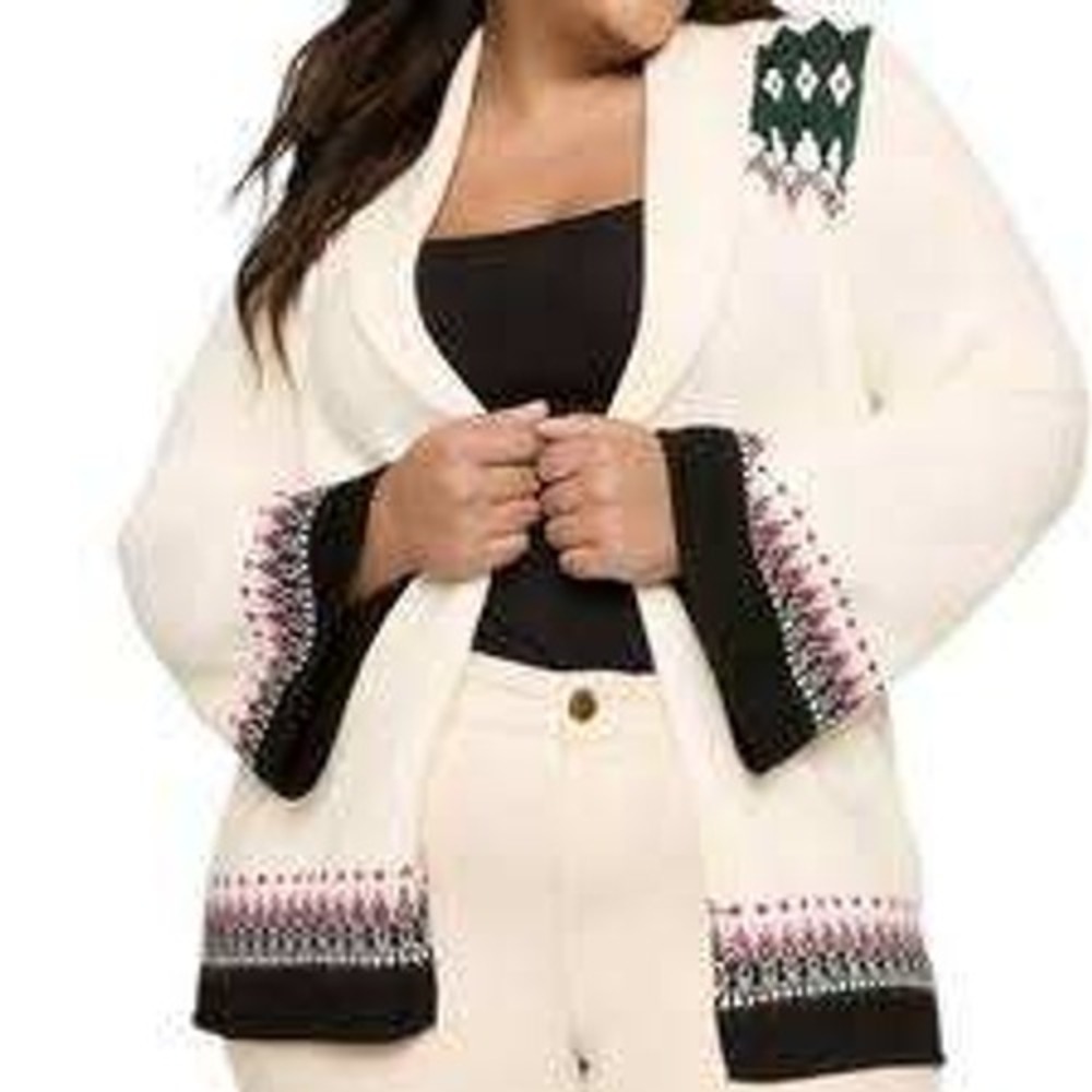 Lane Bryant Fair Isle Geometric Shawl Collar Cardigan 14/16 Cream Bell sleeve
